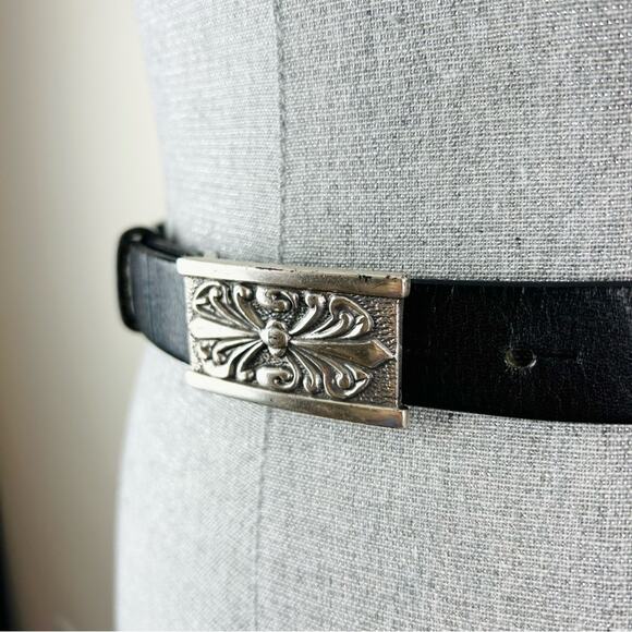 Vintage Black Leather Belt with‎ Silver Scrollwork Buckle Size Small main image 8